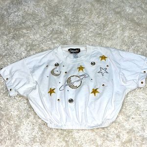 Vintage Gepetto white crop tee stars planets sequins studs